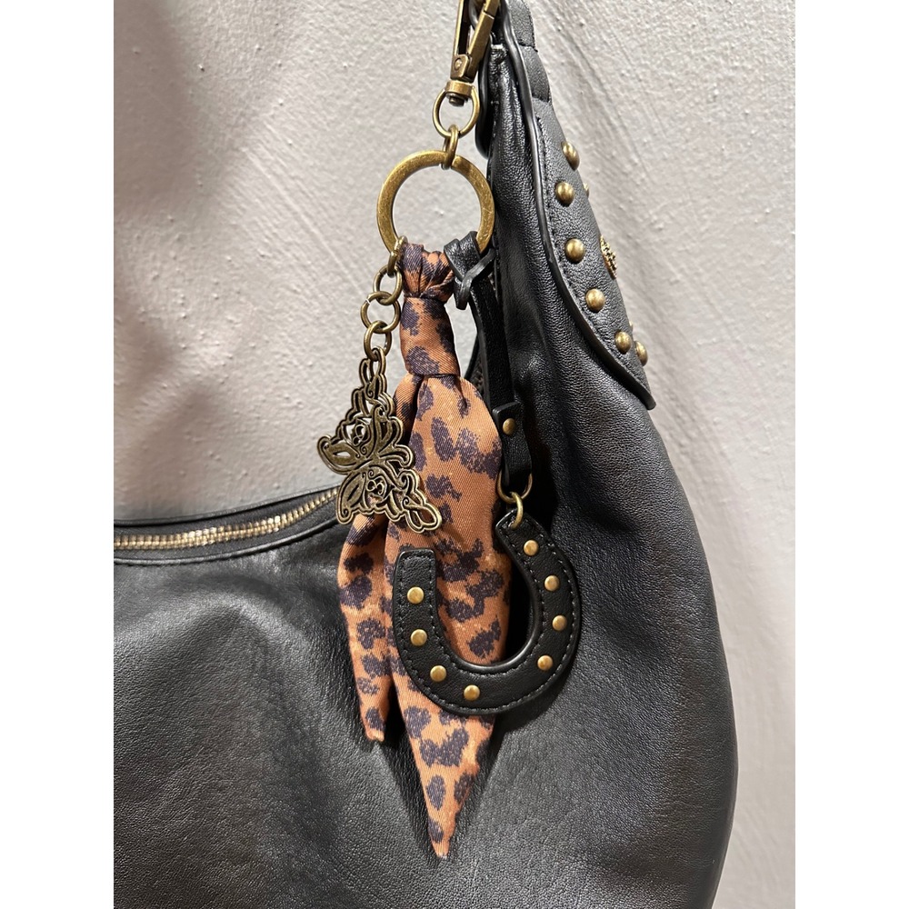 Jessica Simpson Black Studded Hobo Bag Western Scarf Charm Boho Shoulder Purse - Picture 2 of 6